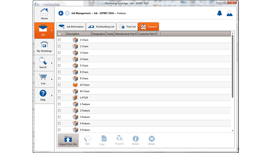ワンクリックでESPRITで選択したすべてのフィーチャをMachiningCloudアプリにインポート。